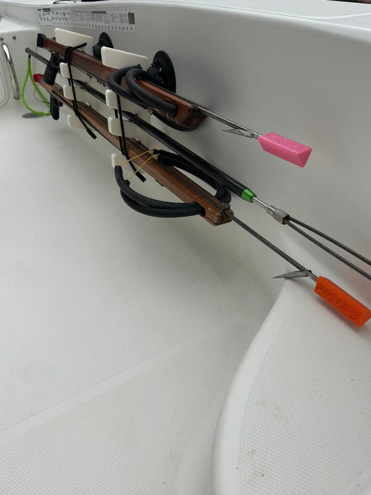 Horizontal boat speargun and pole spear rack by ShoreWright, no-drill suction mount option