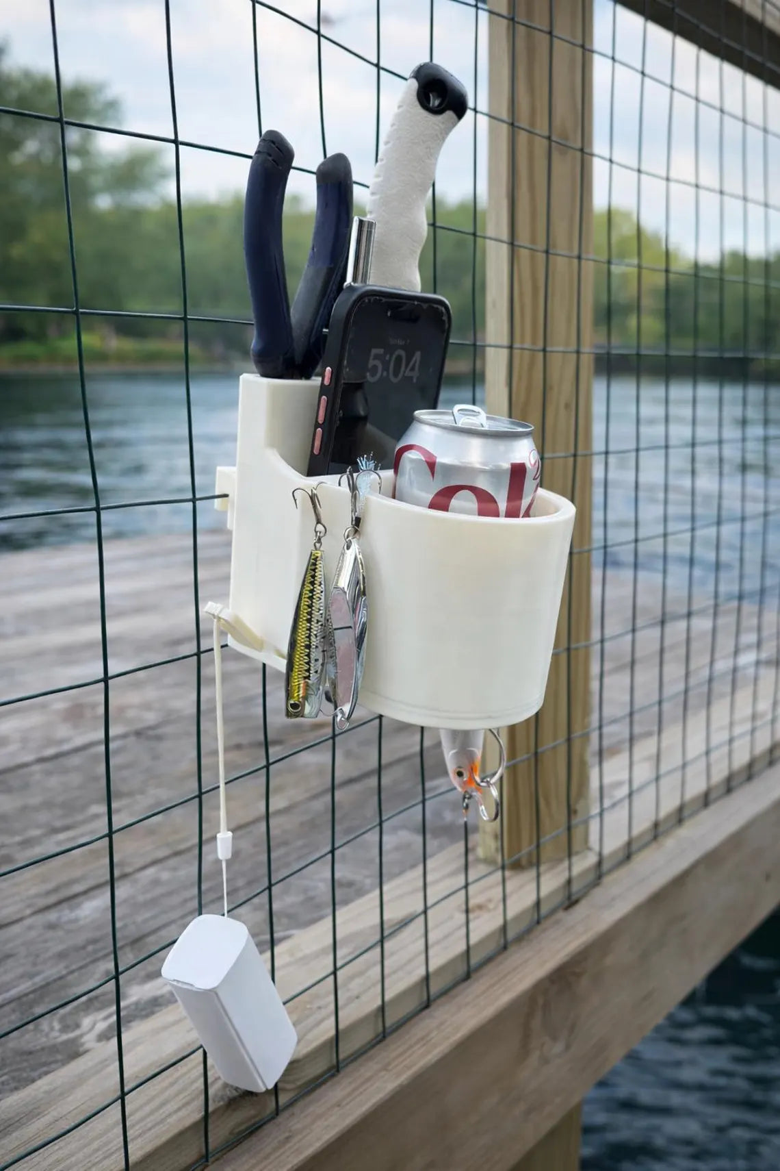 Pier fishing drink caddy by ShoreWright, marine-grade clip-on cup holder for railings