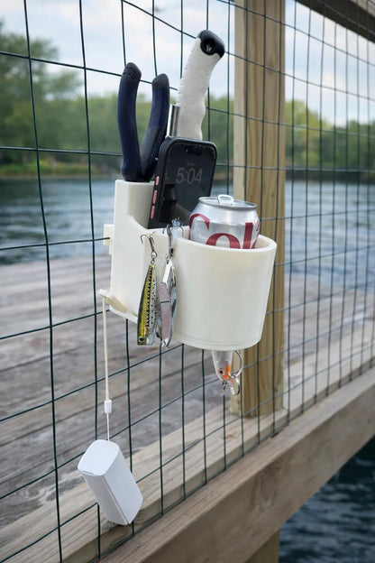 Pier fishing drink caddy by ShoreWright, marine-grade clip-on cup holder for railings