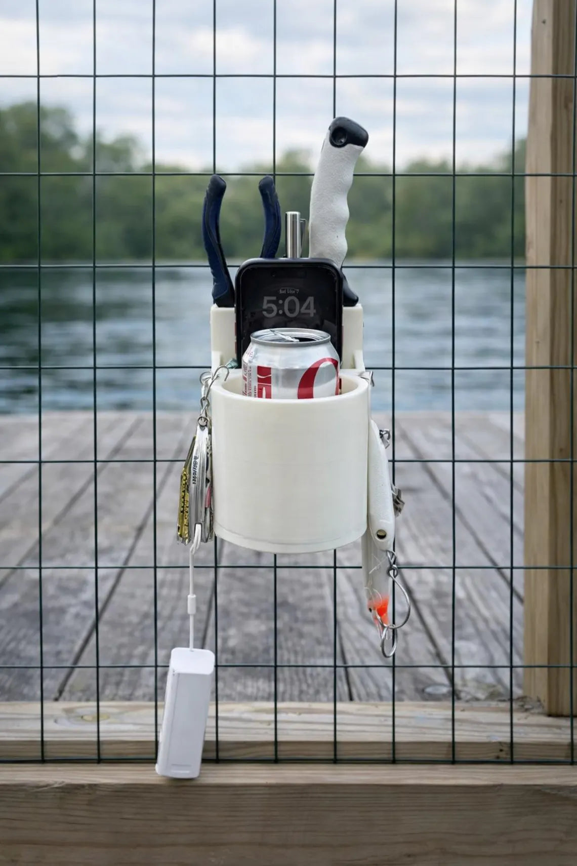 Pier fishing drink caddy by ShoreWright, marine-grade clip-on cup holder for railings, view 2