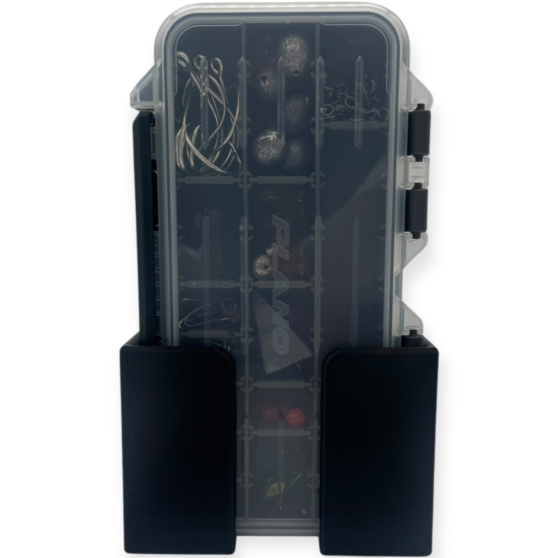 Vertical mount Plano 3400 3500 3600 3700 tackle box holder by ShoreWright, marine-grade ASA
