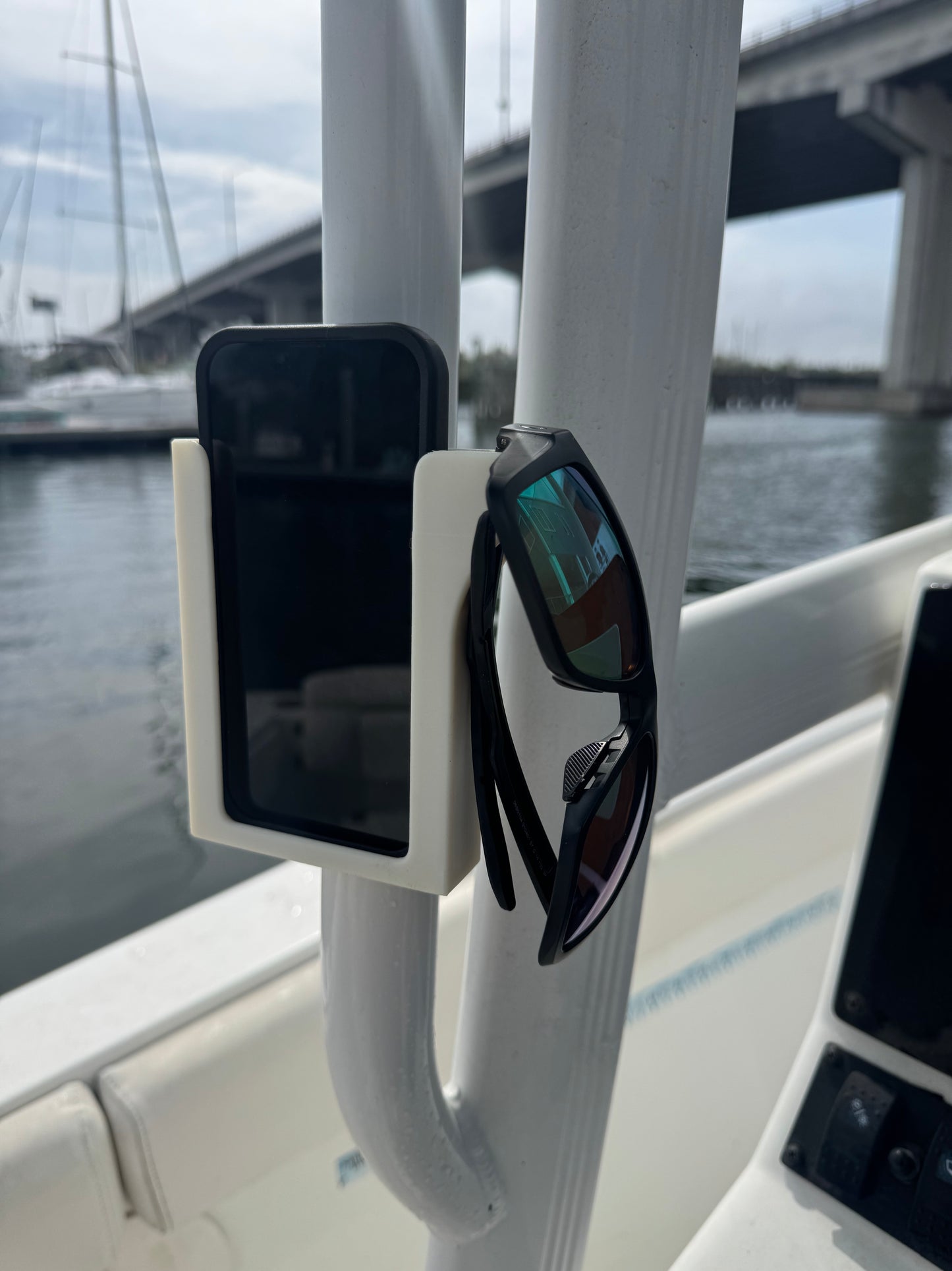 ShoreWright boat phone holder with sunglasses hook, marine-grade ASA dashboard mount