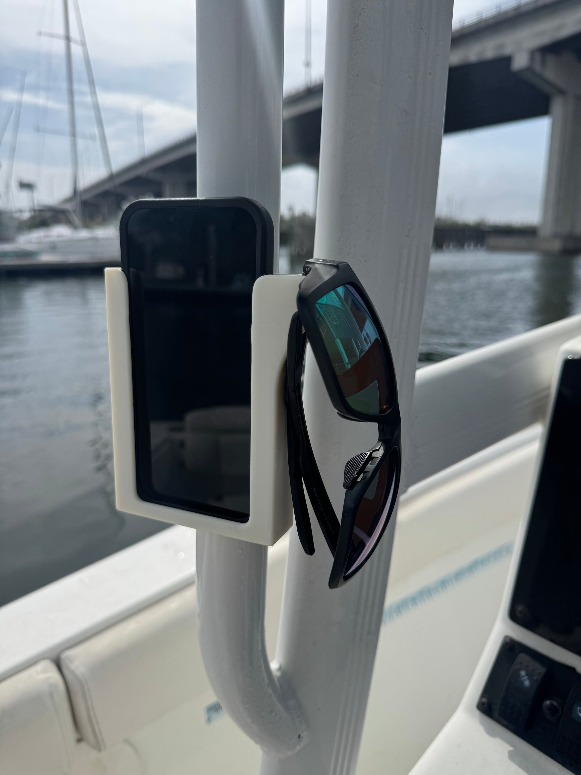 ShoreWright boat phone holder with sunglasses hook, marine-grade ASA dashboard mount