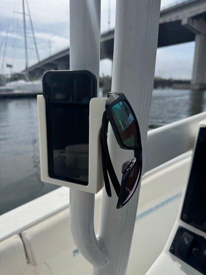 ShoreWright boat phone holder with sunglasses hook, marine-grade ASA dashboard mount