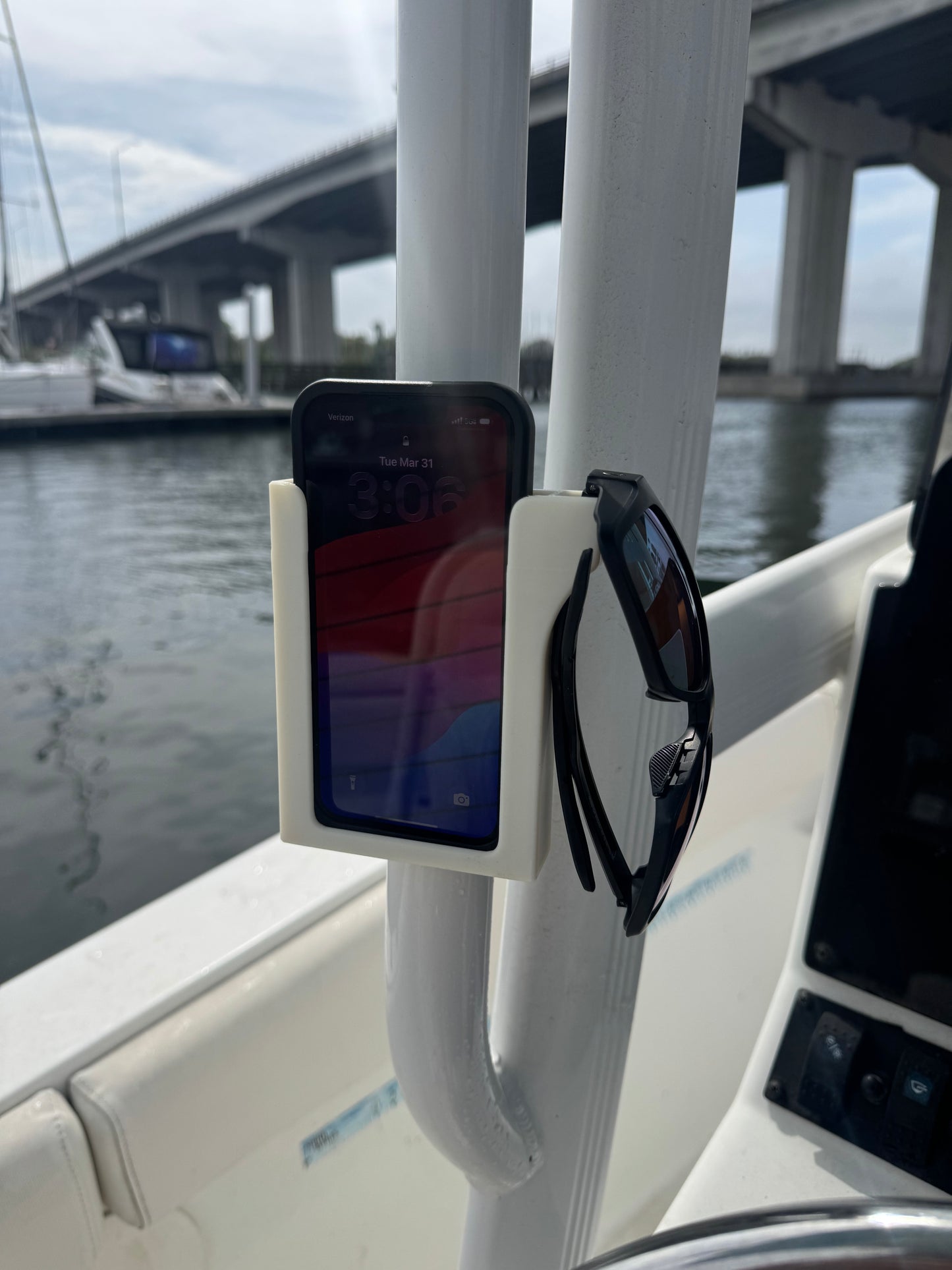 ShoreWright boat phone holder with sunglasses hook, marine-grade ASA dashboard mount, view 11